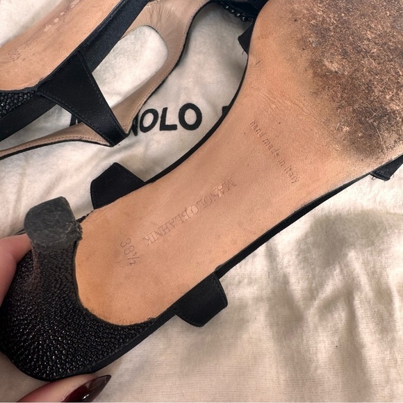 Manolo Blahnik Black Satin and Crystal Embellished Heels T-strap slingback pumps - Picture 8 of 15